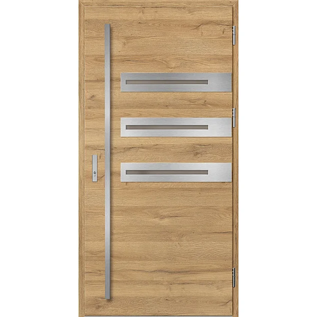 Eingangstüren aus Stahl ERKADO - LEOBEN 1 - Eiche Natur Quermuste, Label Inox