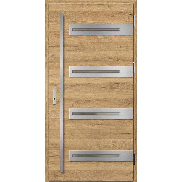 Eingangstüren aus Stahl ERKADO - LEOBEN 2 - Eiche Natur Quermuste, Label Inox